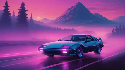 Poster Riding car with foggy landscape 80s synthwave. Vaporwave retro futuristic © Klymentii