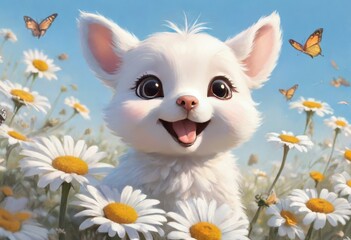 happy animal in a field of daisies.