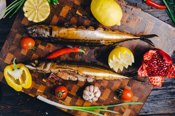 Smoked mackerel, fresh salad, croutons and lemon slices on black chalkboard background. Pub or bar...