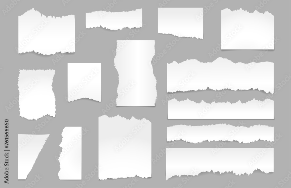 Poster realistic torn paper pieces with ripped up effect texture. vector isolated empty blank sheets with t