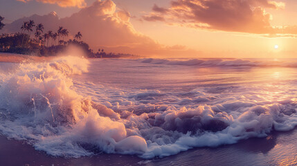 Fototapeta premium Sunset Beach Panorama with Medium Wave Splash