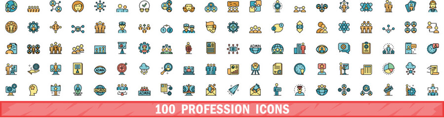 100 profession icons set. Color line set of profession vector icons thin line color flat on white