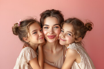 Smiling mother hugging daughters tightly against a soft pink background