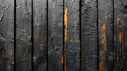 Charred black wooden wall with copy space. Abstract background with a burned boards textures closeup