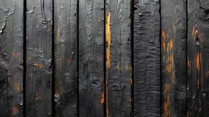Foto auf Acrylglas Charred black wooden wall with copy space. Abstract background with a burned boards textures closeup © skylarlin