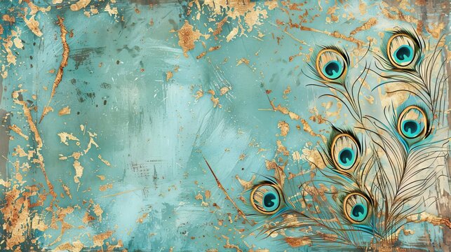 Vintage peacock feather pattern with golden accents on distressed background, abstract digital art