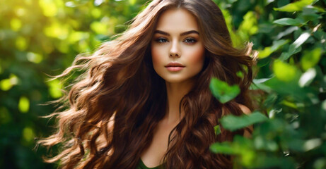 Fototapeta premium The strong, healthy long hair of a brown-haired beautiful girl with brown hair, shining in the sun, is developing, the concept of cosmetics for healthy hair
