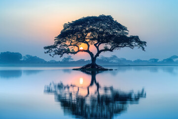 A lone tree in the center of a large lake near sunrise, calm waters, generative ai - obrazy, fototapety, plakaty