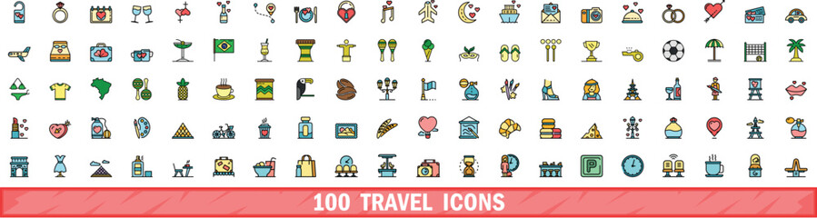 100 travel icons set. Color line set of travel vector icons thin line color flat on white - obrazy, fototapety, plakaty