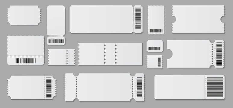Realistic empty coupons or tickets with bar codes with information or details. Vector isolated blank pieces of paper, admission or entrance cards to movie or theater. Voucher for shops
