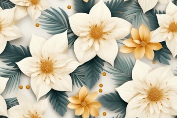 White and Yellow Flowers With Green Leaves on a White Background - obrazy, fototapety, plakaty