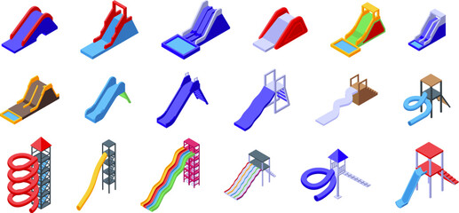 Water slide icons set isometric vector. Aquapark ride spiral. Amusement recreation - obrazy, fototapety, plakaty