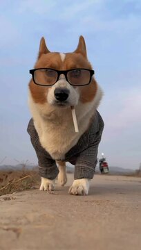 Cute dog holding cigarette in mouth, Loving dog reaction, Adorable puppy wear glasses. 