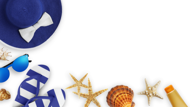 Top view of sea beach holiday accessories: Blue sun hat, sunglasses, flip flops, seashell, starfish, and sunscreen. Summer beach vacation banner sign, copy space isolated on white background