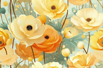 Vibrant Yellow and Orange Flowers on Blue Background