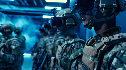A line of soldiers equipped with advanced combat gear, including helmets with vision-enhancing goggles, stands ready, showcasing the blend of human skill and cutting-edge technology - obrazy, fototapety, plakaty