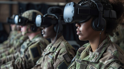 Military personnel with virtual reality headsets engage in immersive training, a fusion of modern technology and strategic preparation. VR is revolutionizing military drills and operational readiness