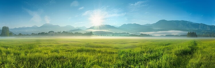 panoramic view of a foggy green meadow with mountains in the background, a blue sky, the sunny morning light Generative AI