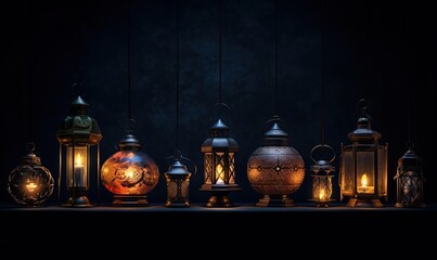 A collection of lanterns arranged on a black background