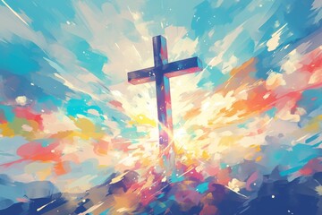 Watercolor illustration of the cross shining in clouds, vibrant colors