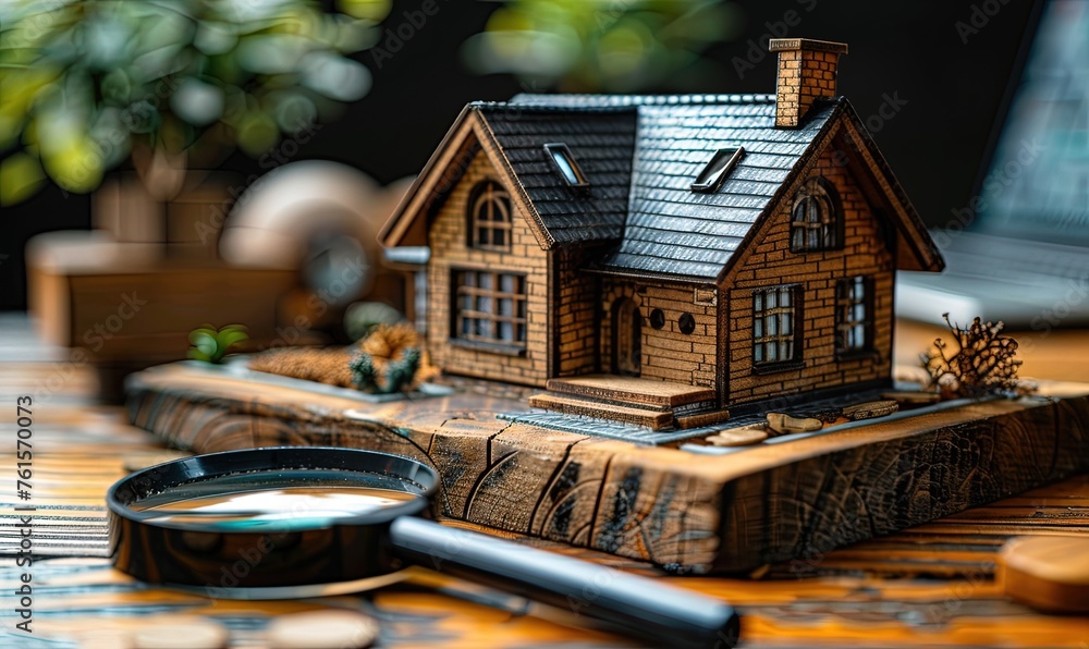 Poster an image of searching for a new house. with copy space image. a house model a computer and a magnify