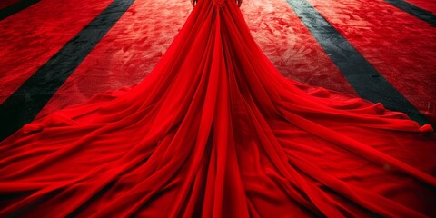 A long red gown with black trim is draped over a red carpet