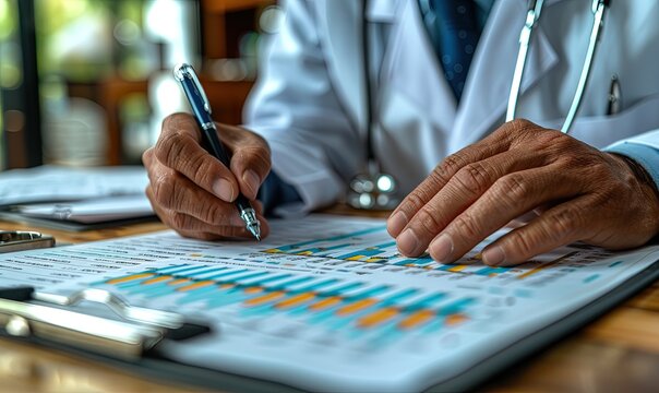 A healthcare professional examines detailed medical statistics on paper enhanced with digital data visualization, signifying modern medical analysis
