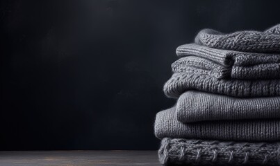 A stack of gray knitted winter sweaters on a dark background. Copy space - obrazy, fototapety, plakaty