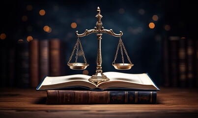 A scale of justice is seen resting on top of an open book. - obrazy, fototapety, plakaty