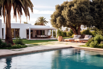 Fototapeta premium Luxury modern vacation home with a swimming pool. Sunbeds, relaxing vacation Mediterranean 