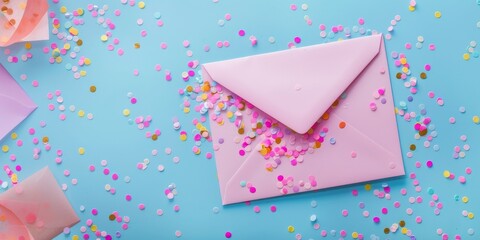 A pink envelope with confetti on top of it
