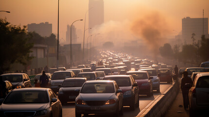 air pollution, car stuck in traffic with visible exhaust fumes
