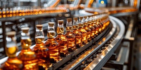 A row of bottles on a conveyor belt