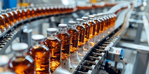 A row of bottles on a conveyor belt