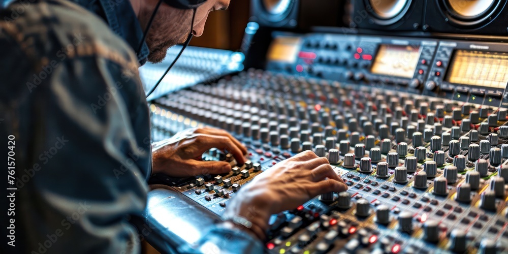 Poster an image of sound engineer checking sound