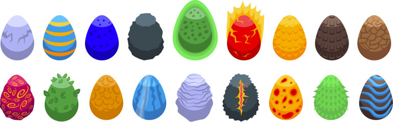 Dragon egg icons set isometric vector. Dinosaur cracks. Reptile shell energy