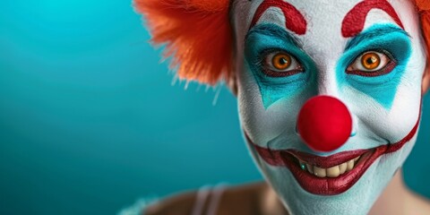 A woman with a clown makeup on her face is smiling