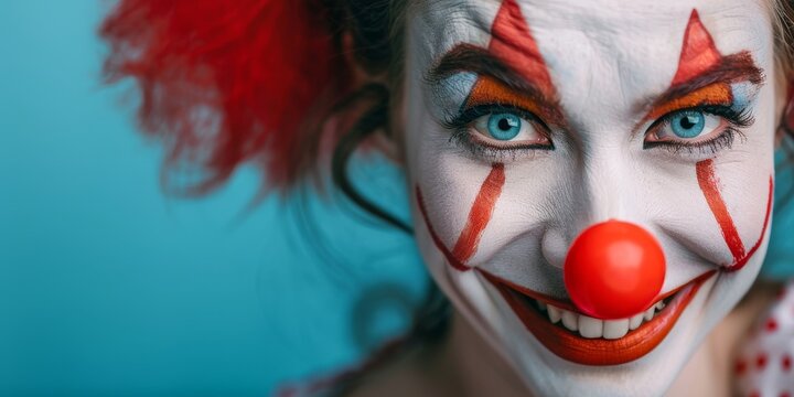 A woman with a clown makeup on her face is smiling
