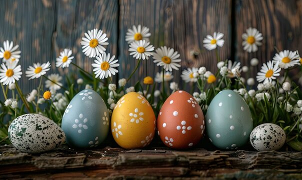 Beautiful postcard with easter decoration and painted colorful easter eggs.