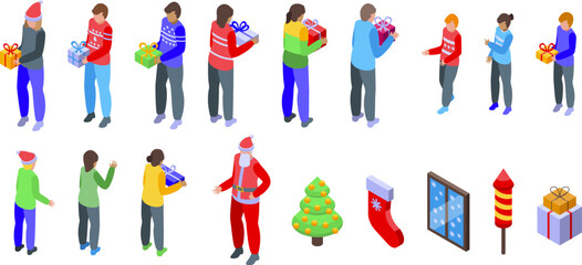 People give christmas presents icons set isometric vector. Celebrate holiday. Winter new year