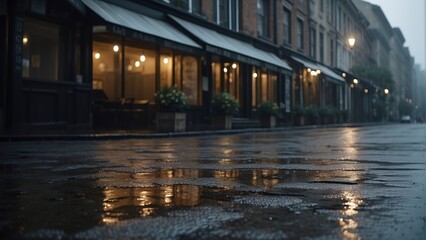 rainy day in the city, rainy day scene, empty street, rain drops on the ground