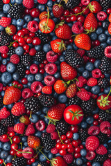 Top view of fresh assorted berries. bright color. Generative AI.