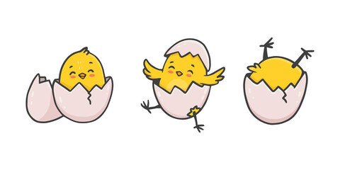 set of cute cartoon chicken. Funny yellow chickens in different poses. Easter greeting card. 