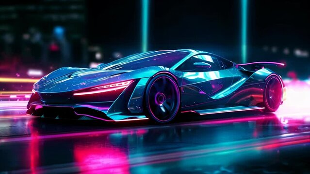 Modern beautiful fast race car sports car is driving fast on the night road with neon rays road