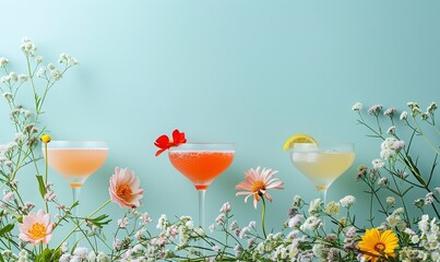Three glasses with summer cocktails on a blue background