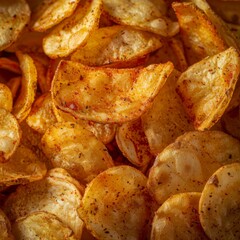 close up detailed photography of tasty chips, top view 