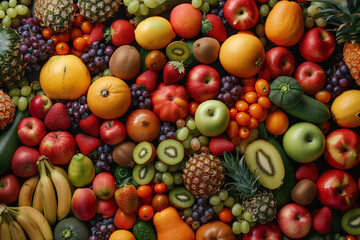 Top view of fresh assorted tropical fruits. bright color. Generative AI Image.