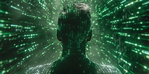 An adult online anonymous internet hacker with invisible face in urban environment and number codes illustration concept