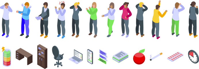 Info stress icons set isometric vector. Overload information. Mental person health