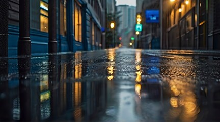 Fototapeta na wymiar rainy day in the city, rainy day scene, empty street, rain drops on the ground